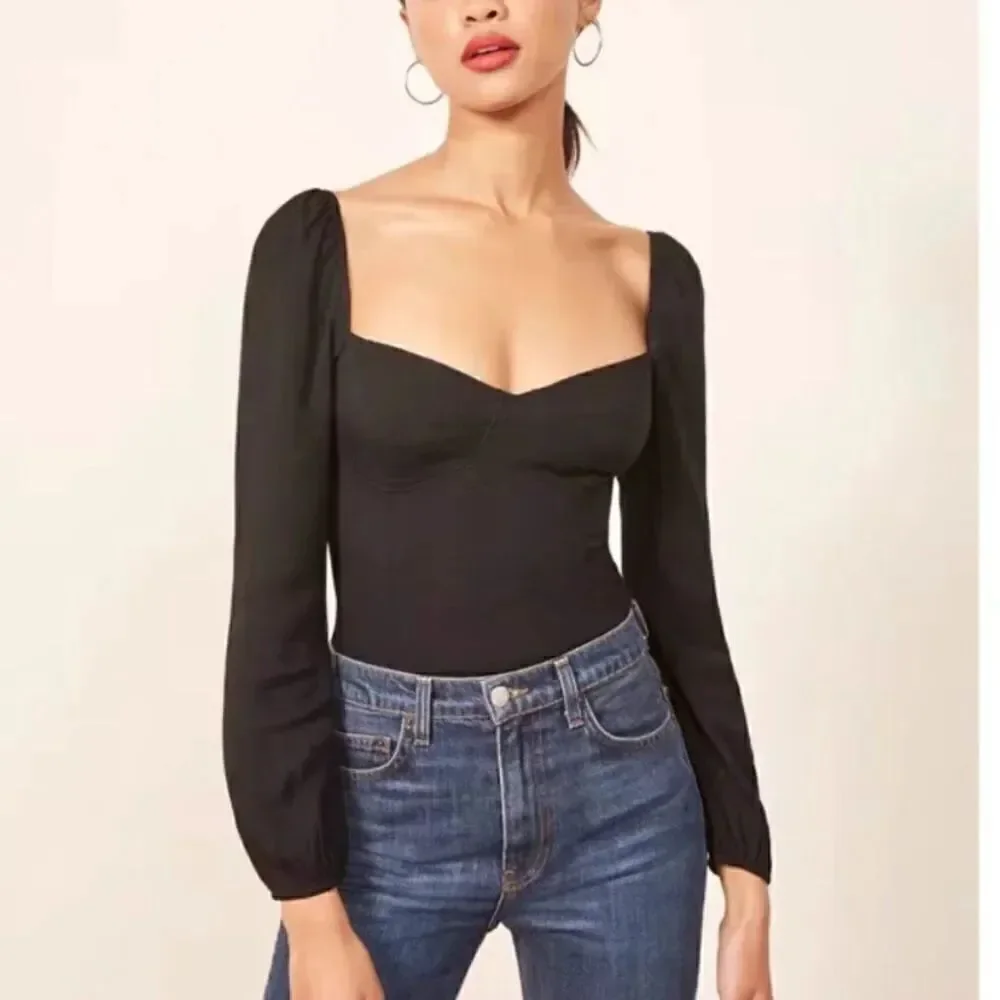 Reformation Reign Black Crop Top Blouse Size 2